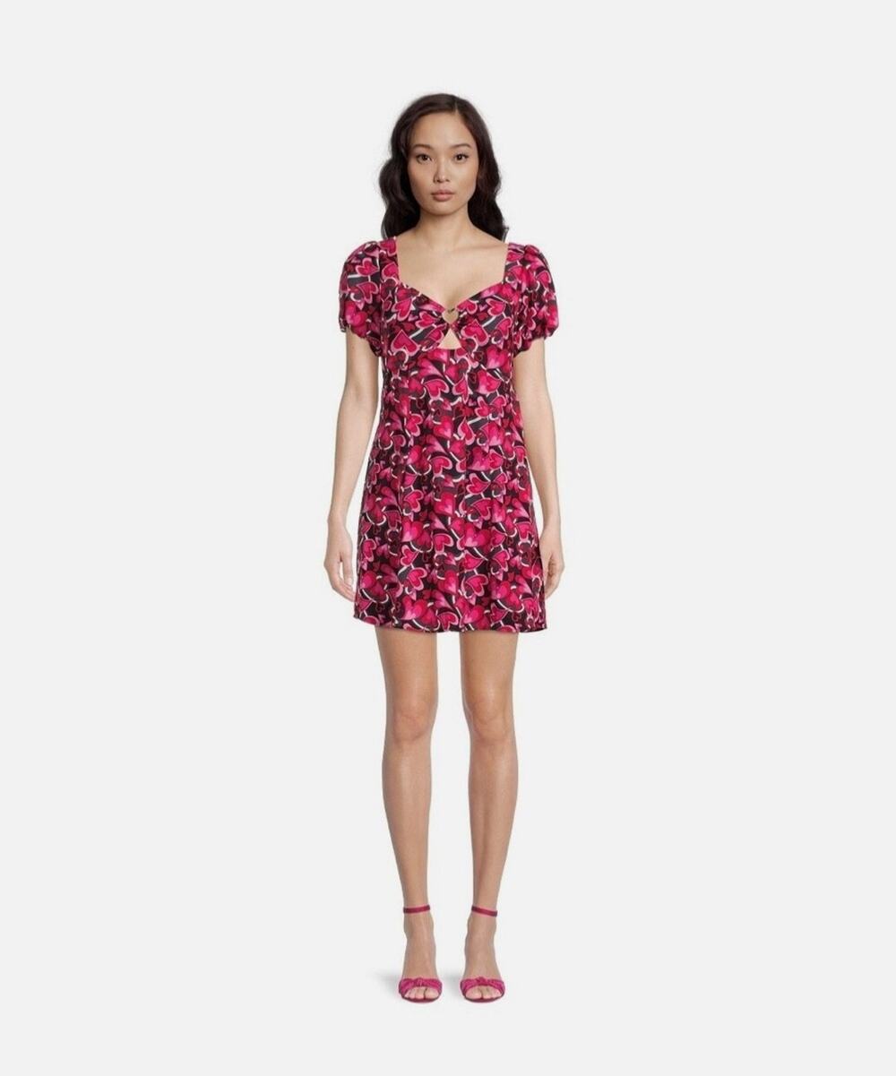 Madden NYC Black Red Pink Heart Print Balloon Sleeve Cutout Dress Sz Medium NEW